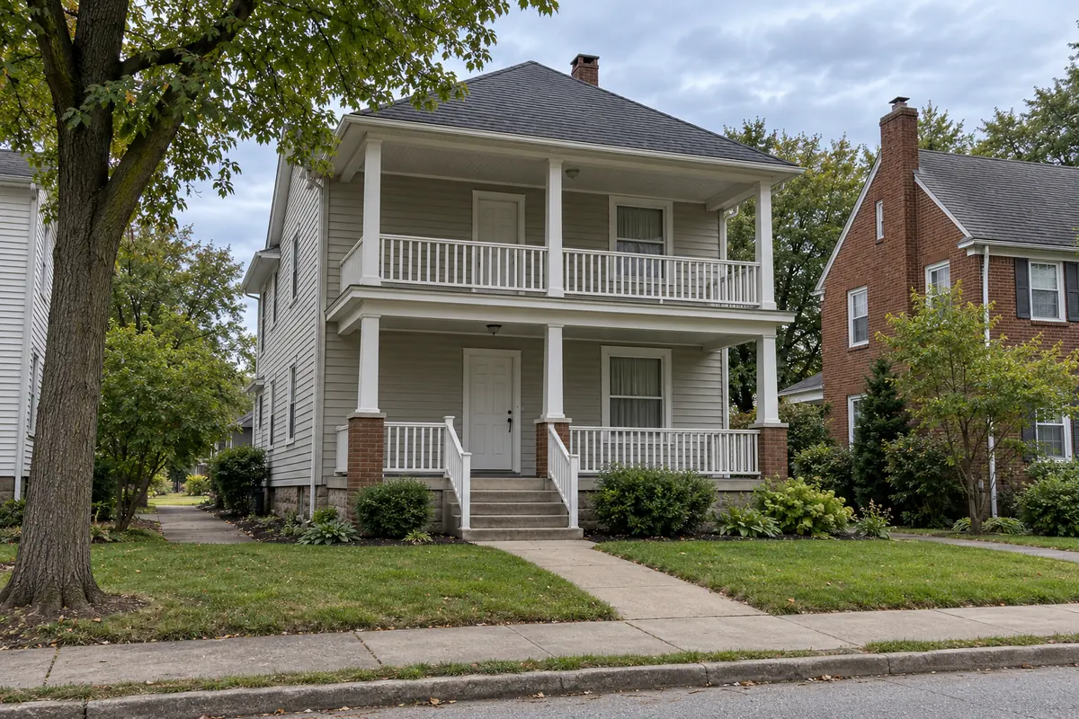 A quiet two-family house on an overcast day