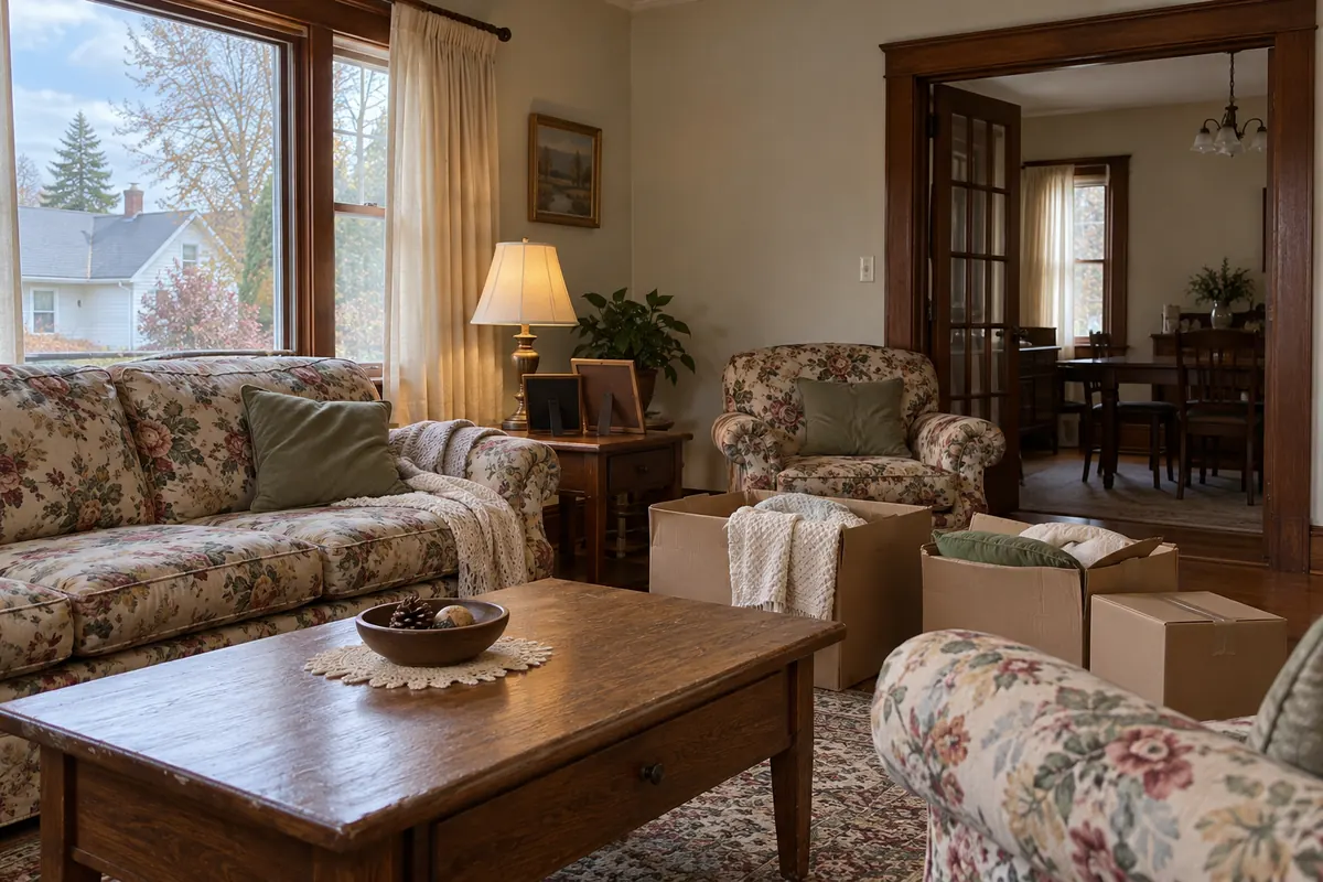 Living room of an older family home with a few packed boxes